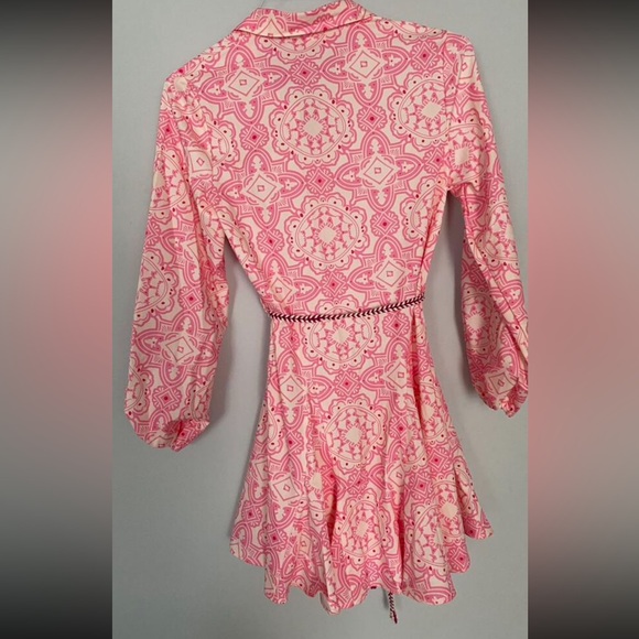 Pink Belted Button Front Long Sleeve Flared Short Dress - Picture 11 of 16